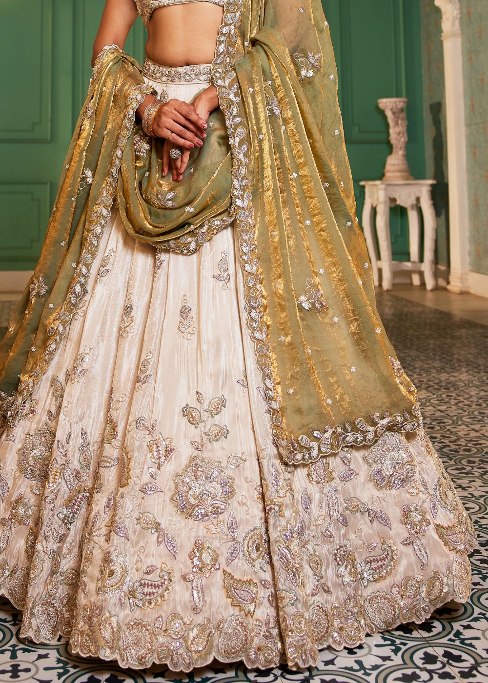 Ivory & Sage Green Tissue Lehenga