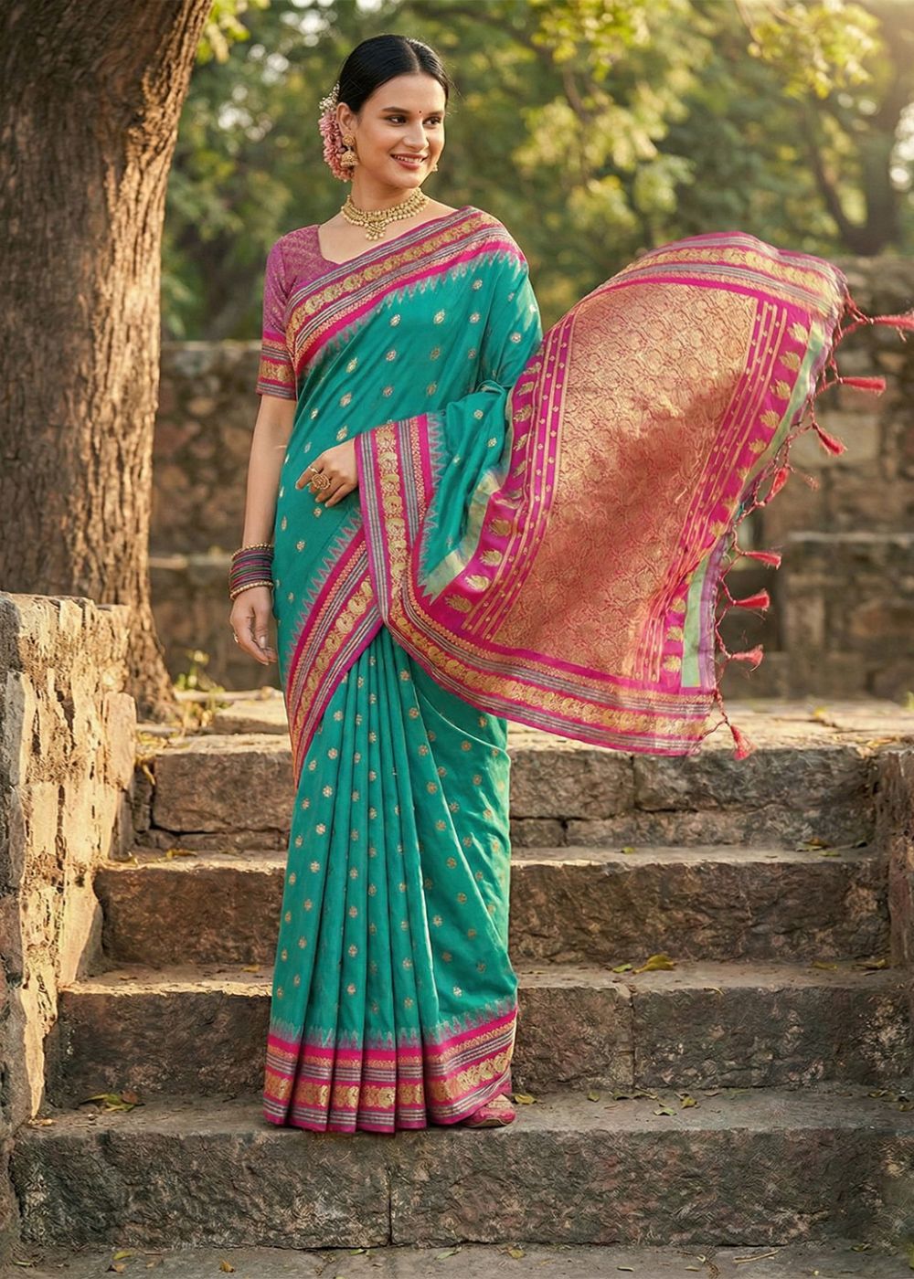 Teal Green & Pink Kanchivaram Soft Silk Saree