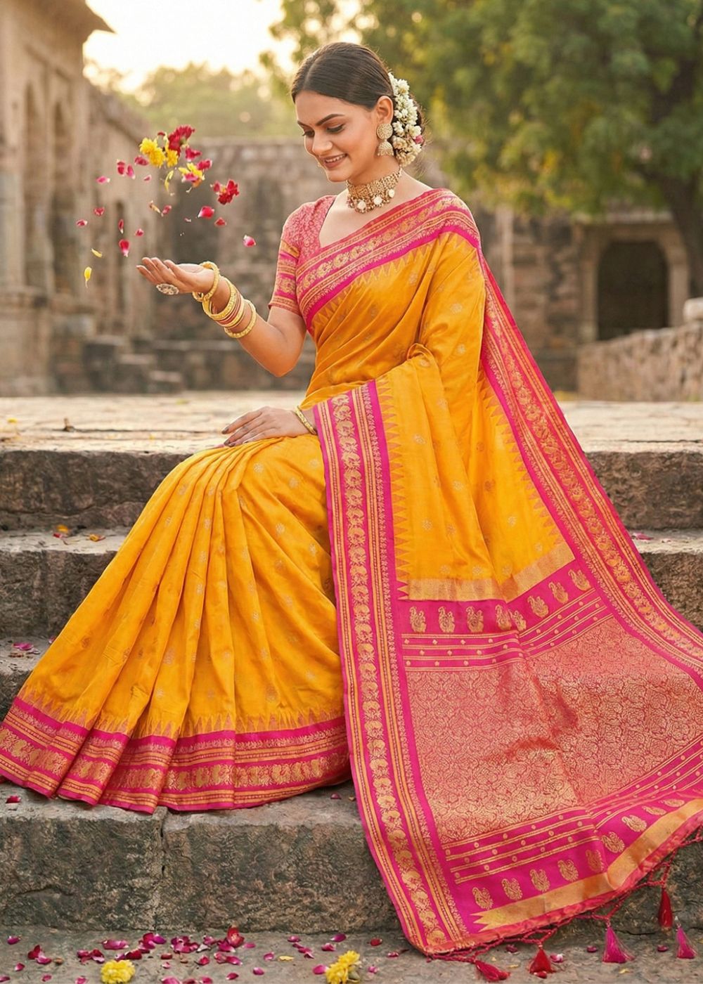 Mustard Yellow & Pink Kanchivaram Soft Silk Saree