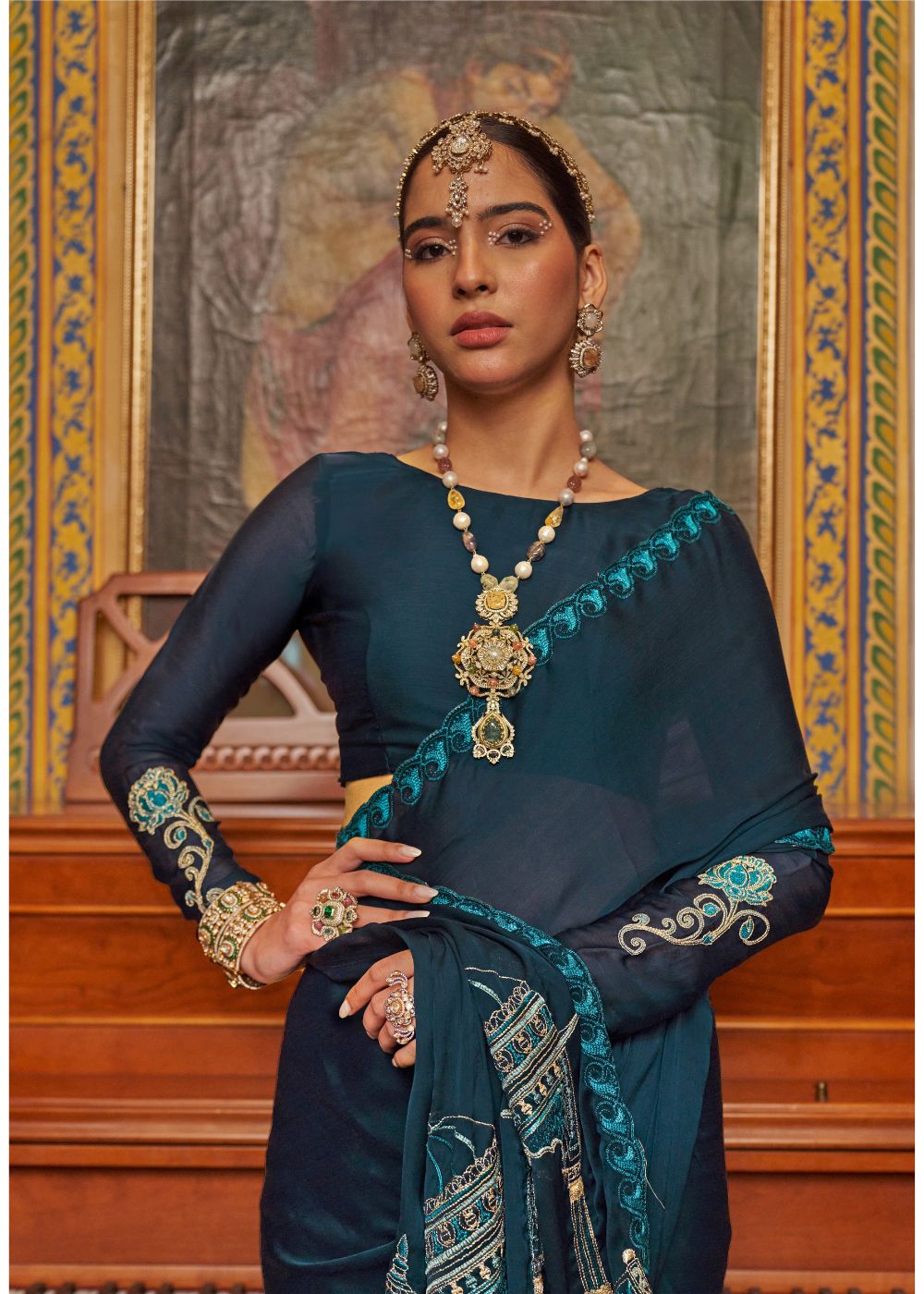 Deep Teal Embroidered Satin Saree
