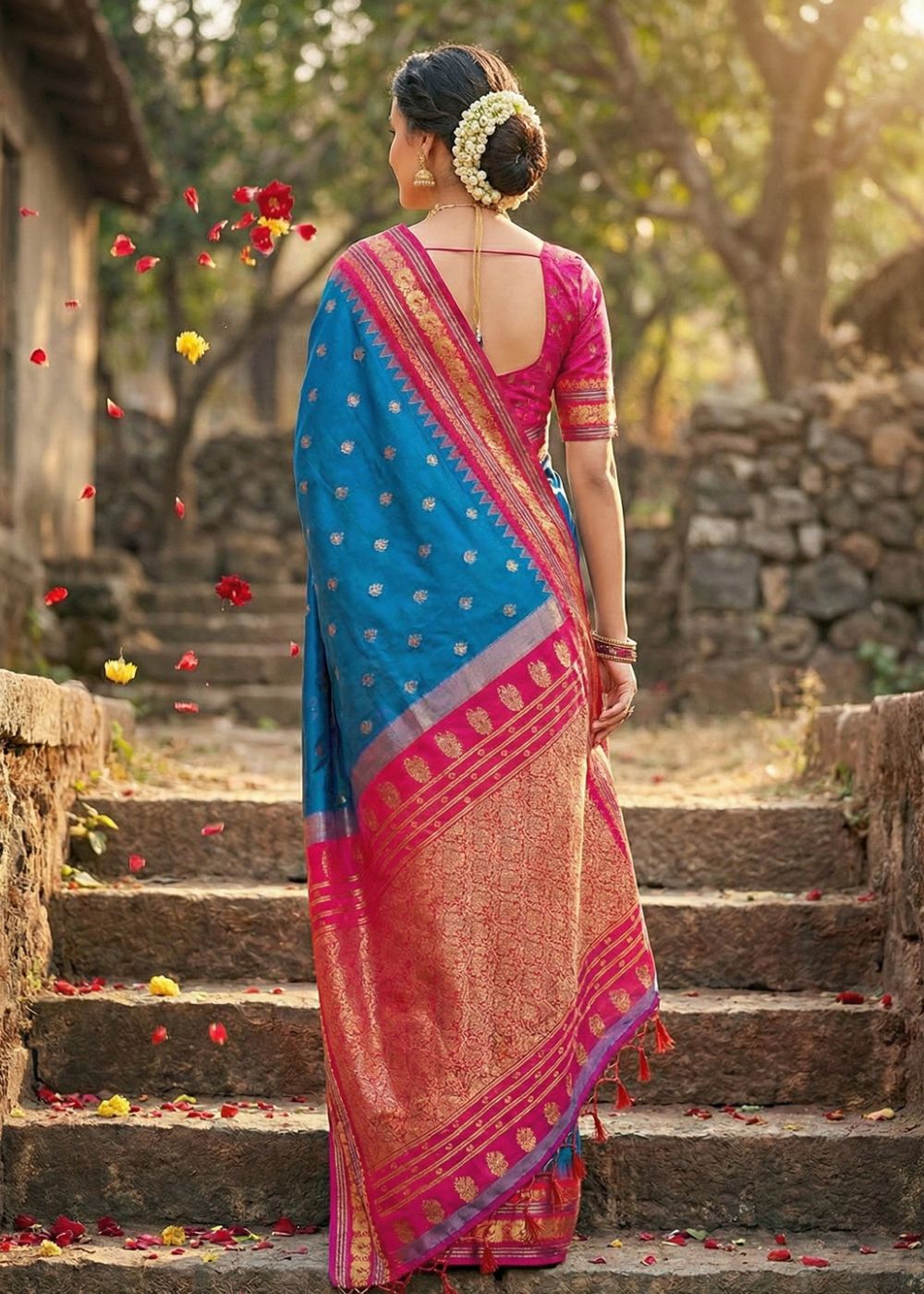 Royal Blue & Pink Kanchivaram Soft Silk Saree