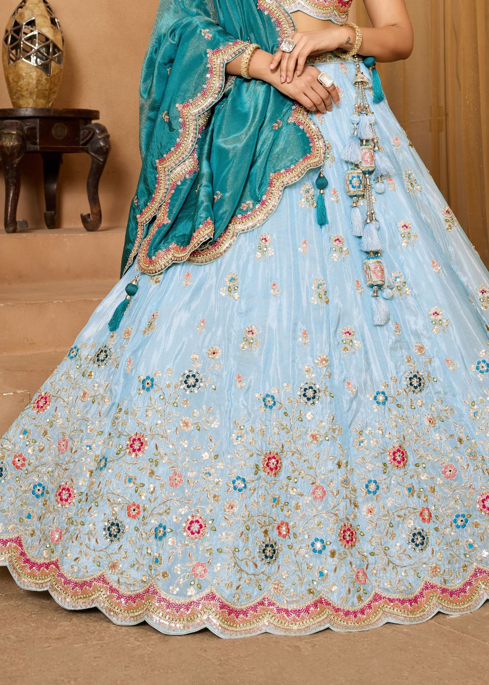 Turquoise Blue Tissue Silk Lehenga Set