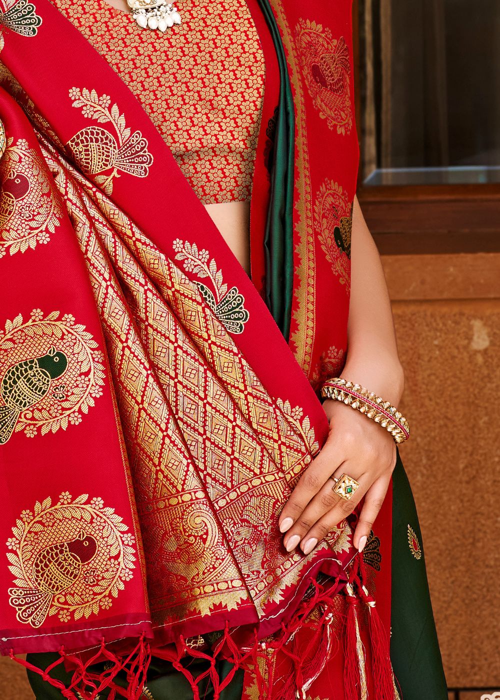 Green & Red Silk Zari Saree