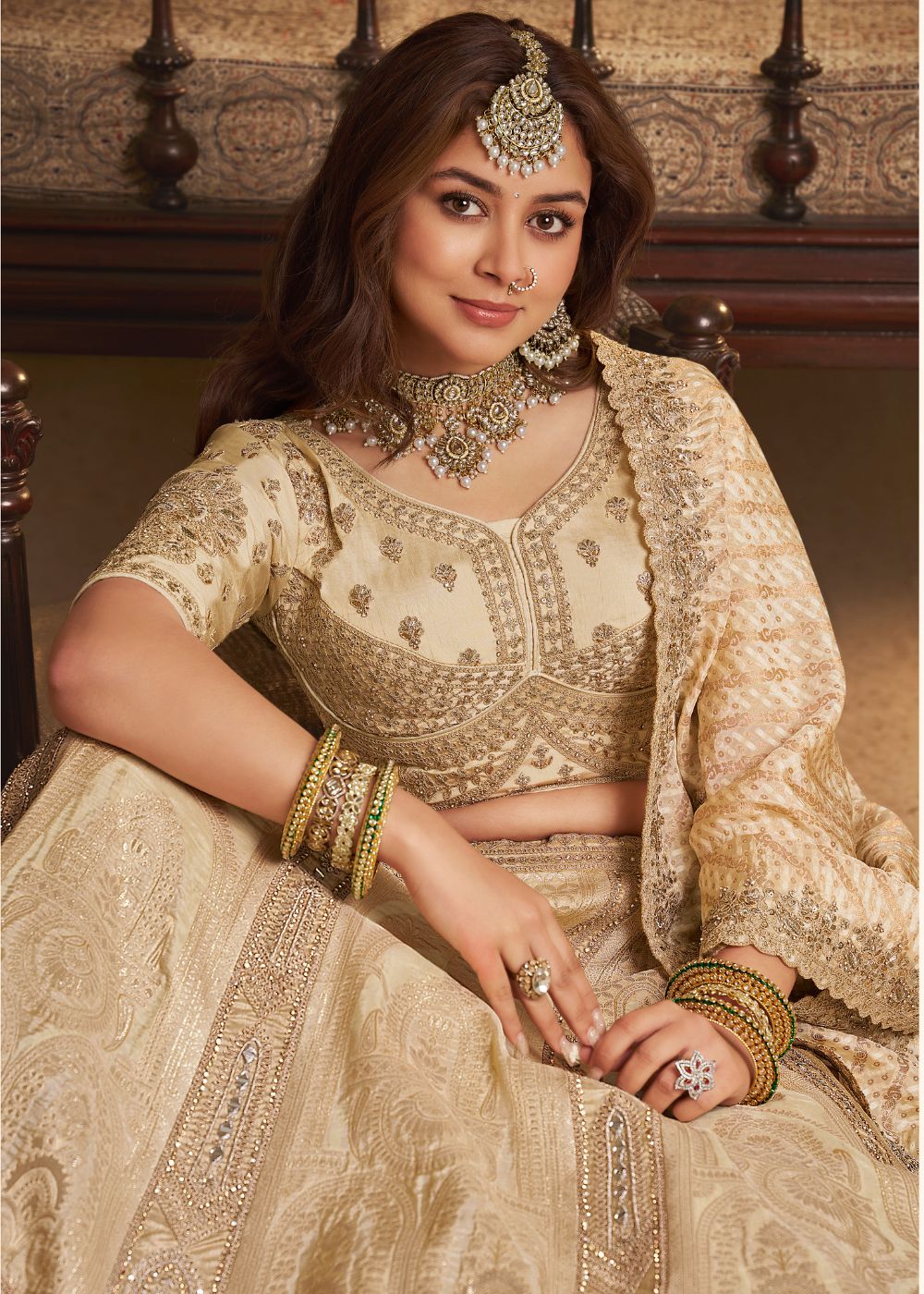 Beige Gold Banarasi Silk Lehenga