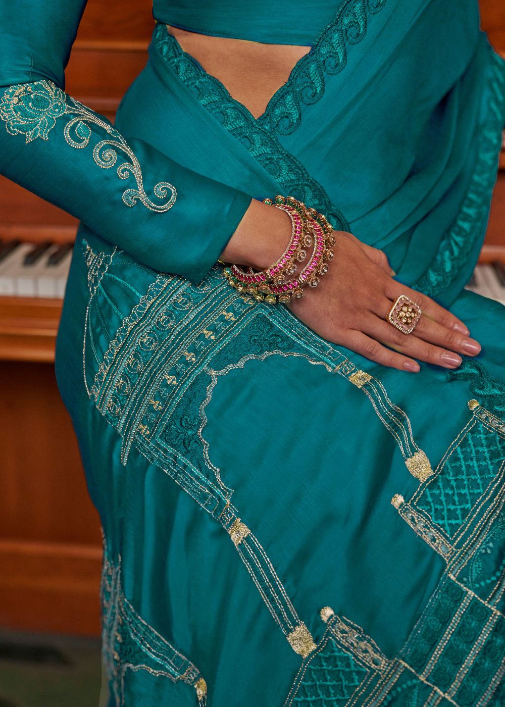 Turquoise Green Festive Embroidered Saree