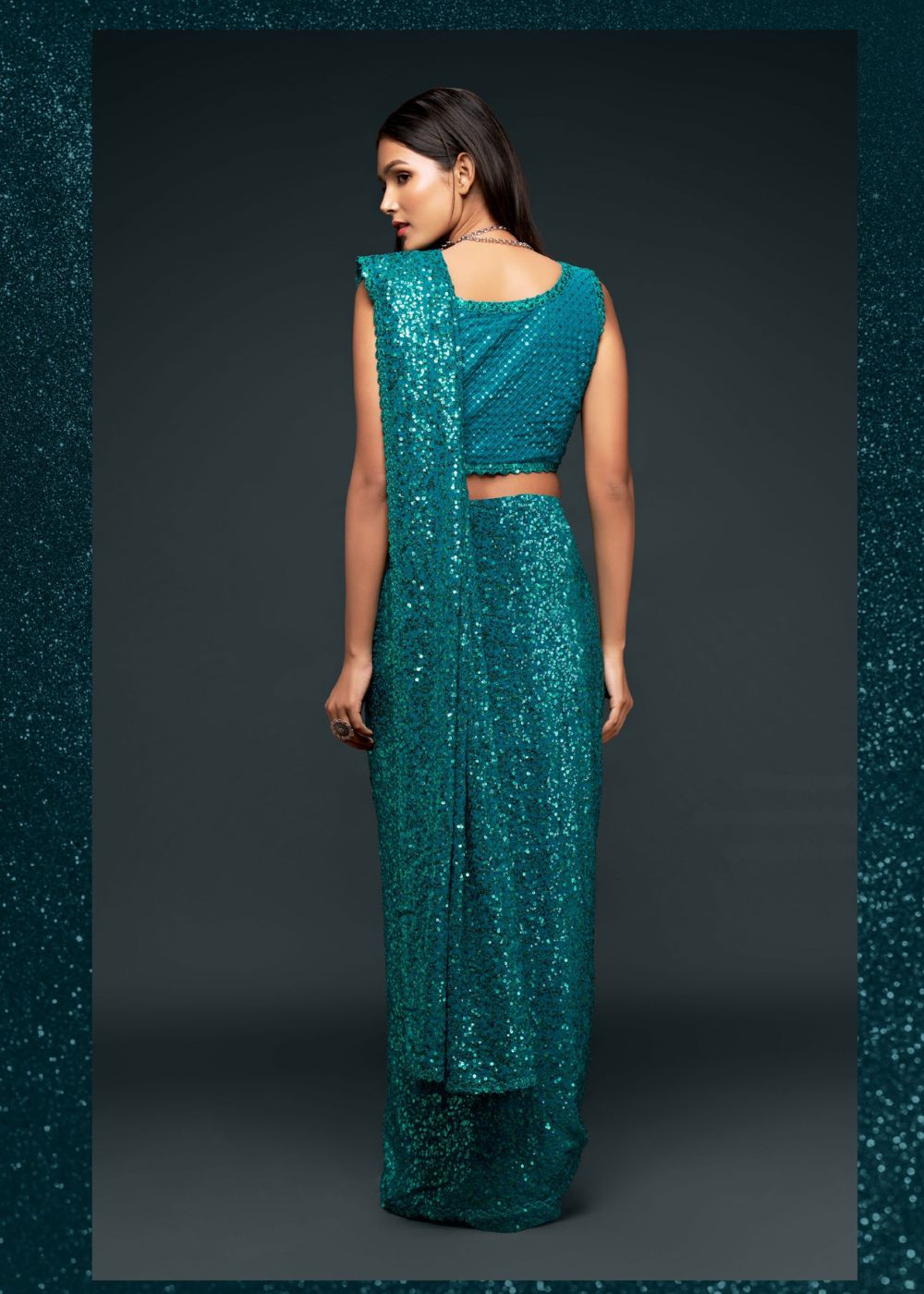Teal Blue Sequin Designer Saree