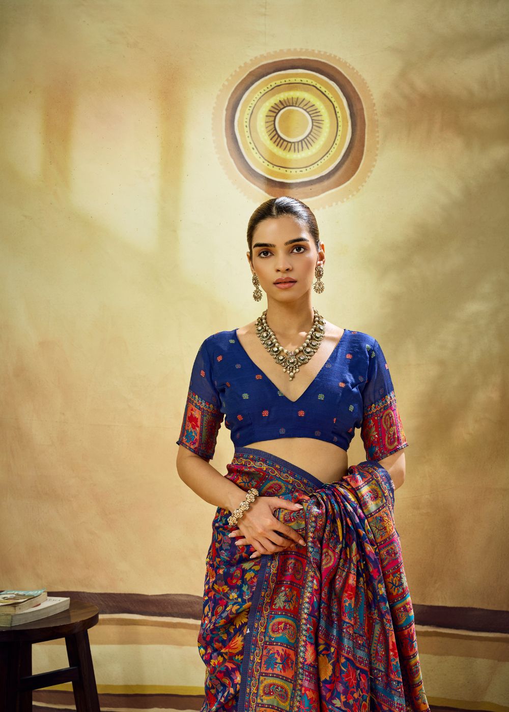Royal Blue Multicolor Pure Kashmiri Modal Cotton Pashmina Weaving Saree