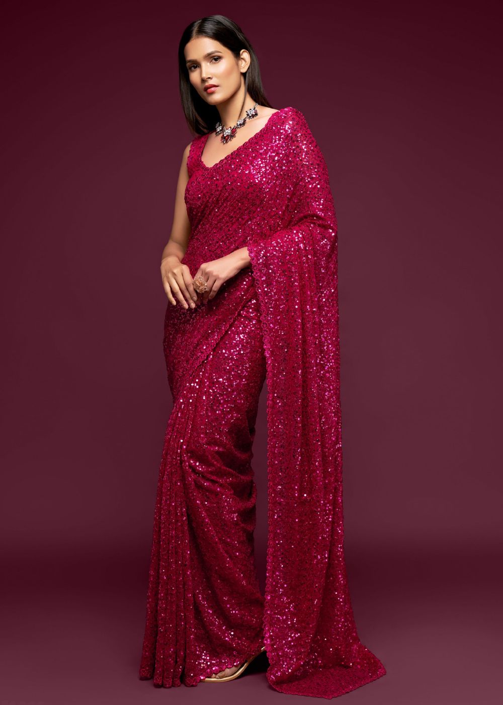Hot Pink Sequin Party Wear Saree