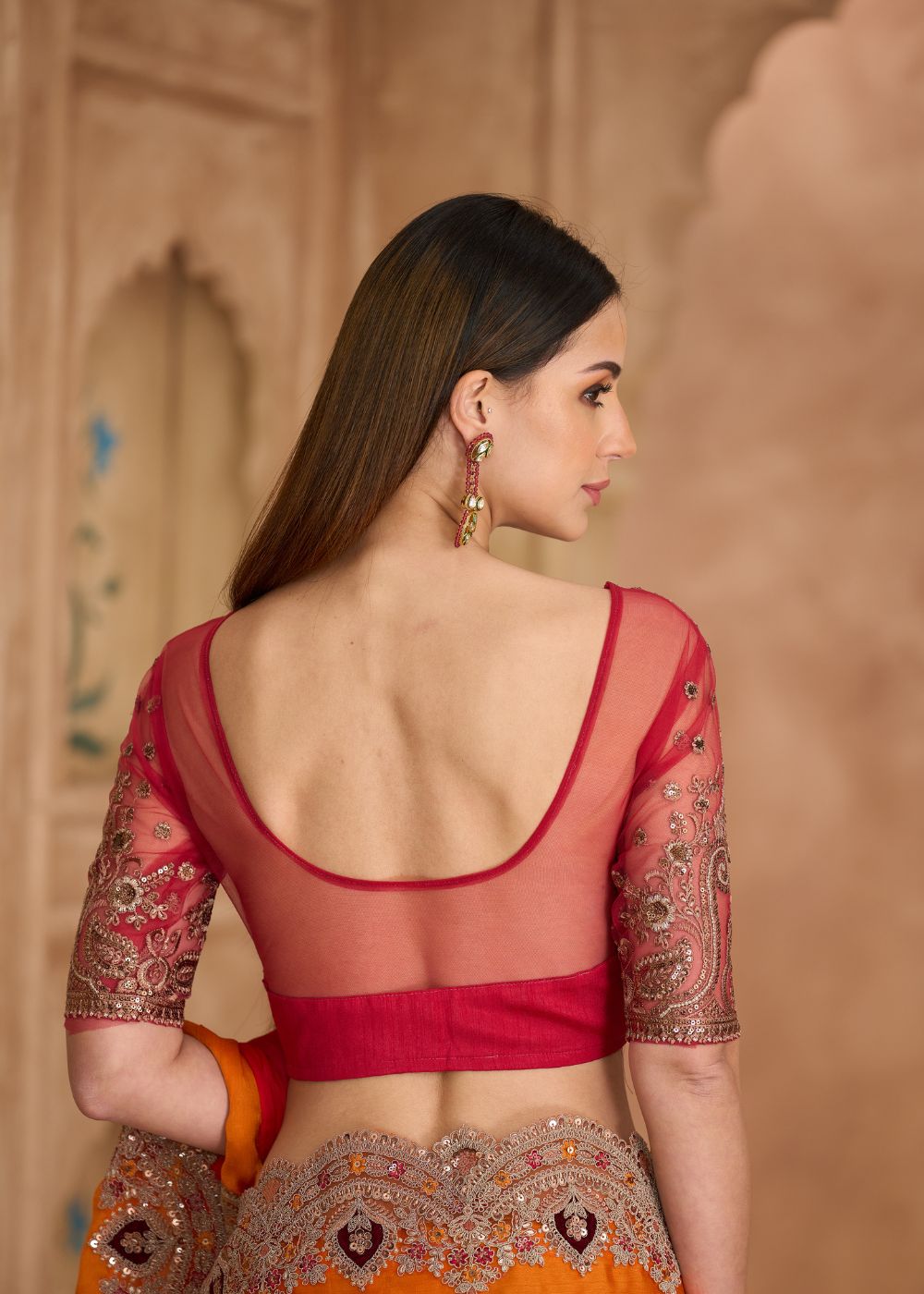 Orange Sparkle Shaded Chiffon Saree with Banglori Work Blou