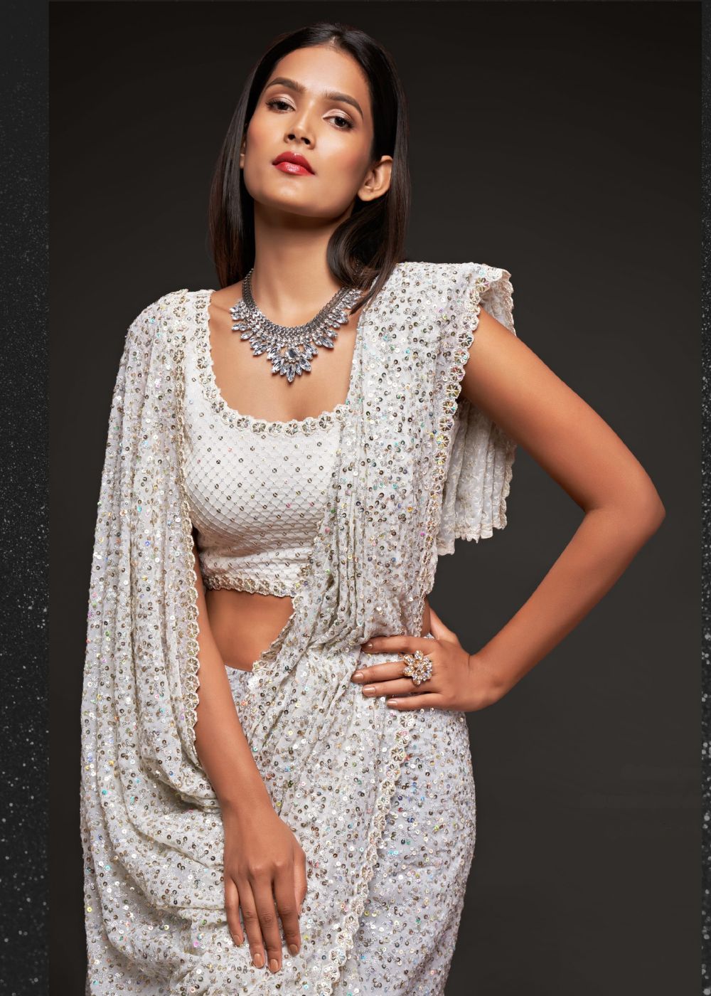 Pearl White Premium Sequin Saree