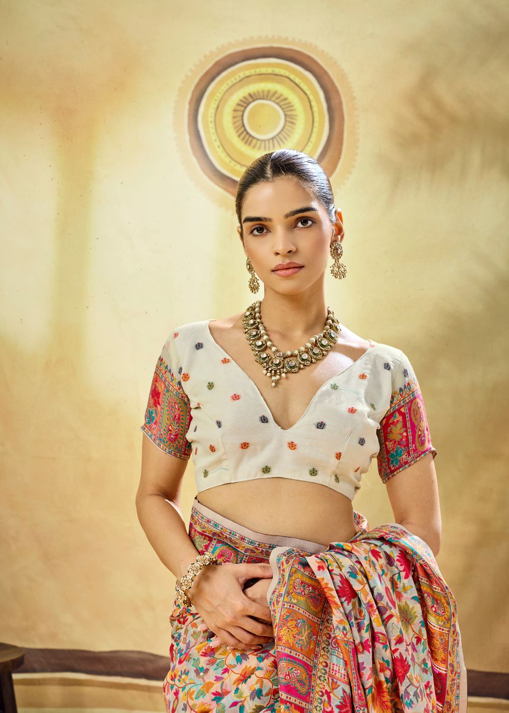 Off White Multicolor Pure Kashmiri Modal Cotton Pashmina Weaving Saree