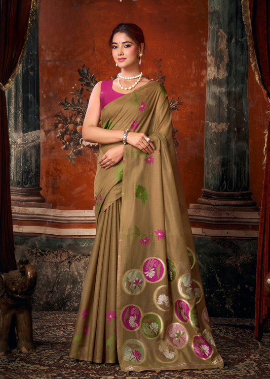 Earth Brown Khadi Cotton Designer Saree