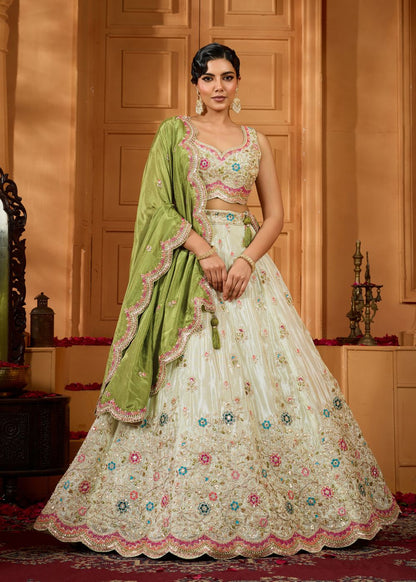 Ivory Lime Green Tissue Silk Lehenga Set