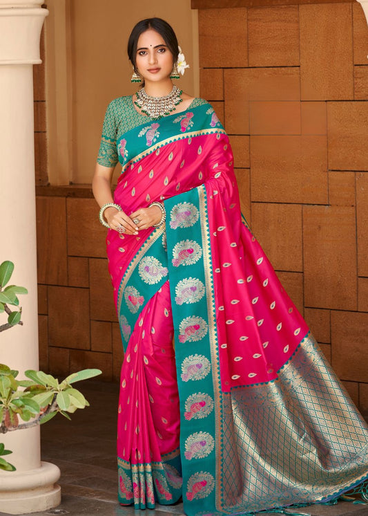 Pink & Teal Silk Zari Saree