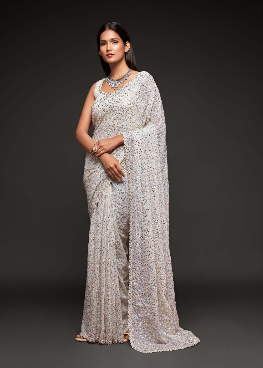 Pearl White Premium Sequin Saree