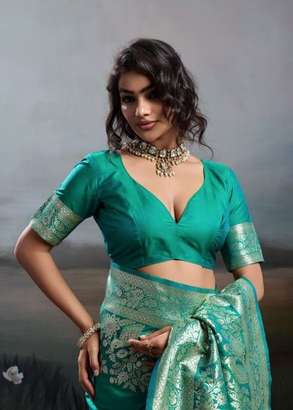 Turquoise Green Elegant Silk Saree