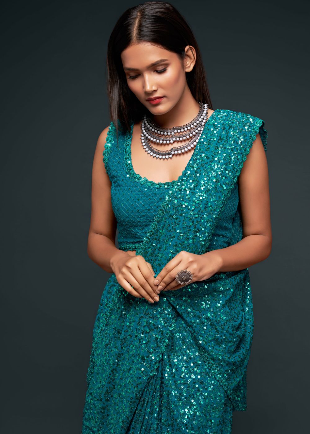 Teal Blue Sequin Designer Saree