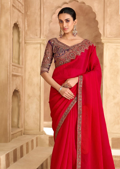 Cherry Red Satin Georgette Saree with Banglori Work Blouse