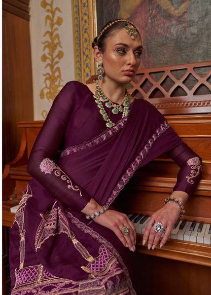 Royal Wine Embroidery Work Saree