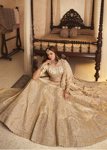Beige Gold Banarasi Silk Lehenga