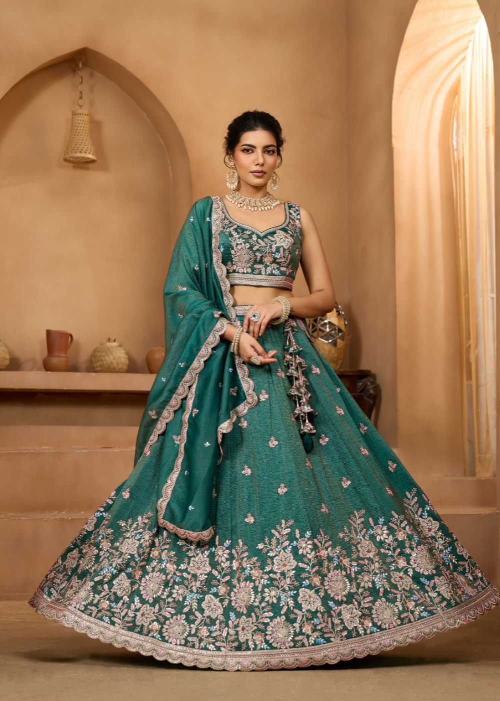 Emerald Green Tissue Silk Lehenga Set