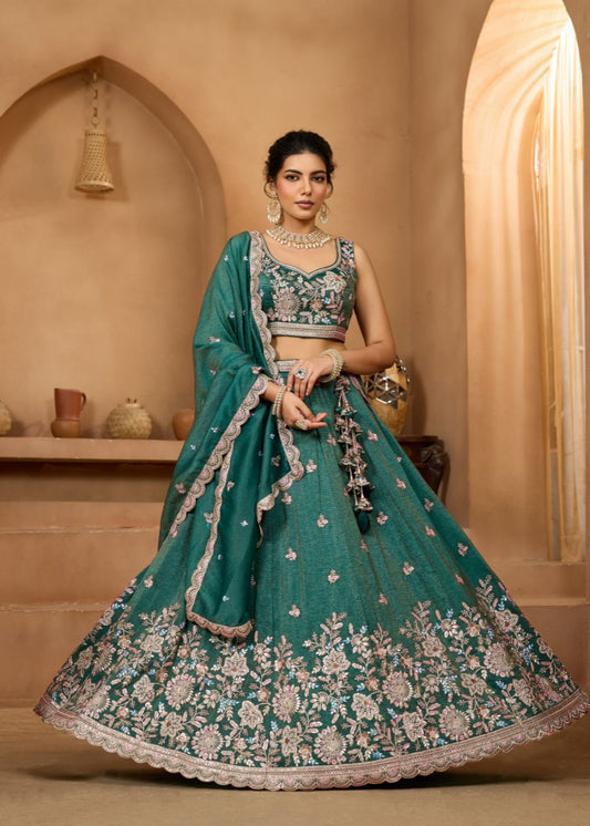 Emerald Green Tissue Silk Lehenga Set