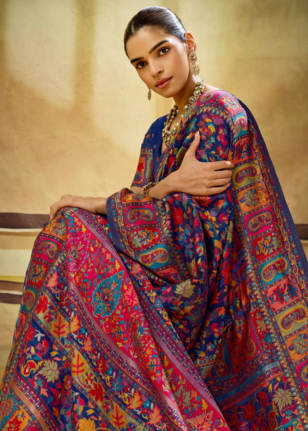 Royal Blue Multicolor Pure Kashmiri Modal Cotton Pashmina Weaving Saree