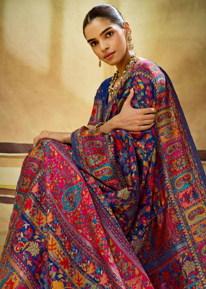 Royal Blue Multicolor Pure Kashmiri Modal Cotton Pashmina Weaving Saree
