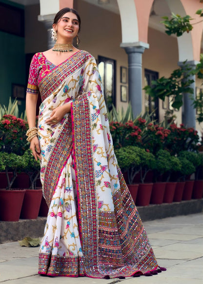 Ivory Floral Mirror Work Designer Saree