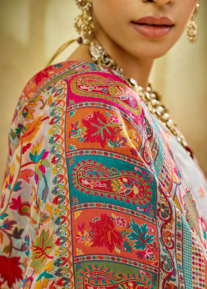 Off White Multicolor Pure Kashmiri Modal Cotton Pashmina Weaving Saree