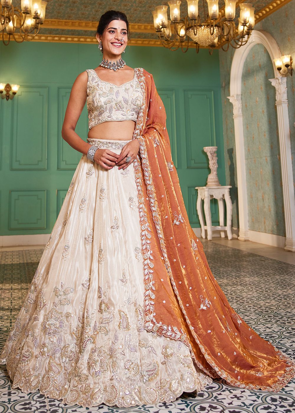 Ivory Tissue Lehenga with Rust Orange Dupatta