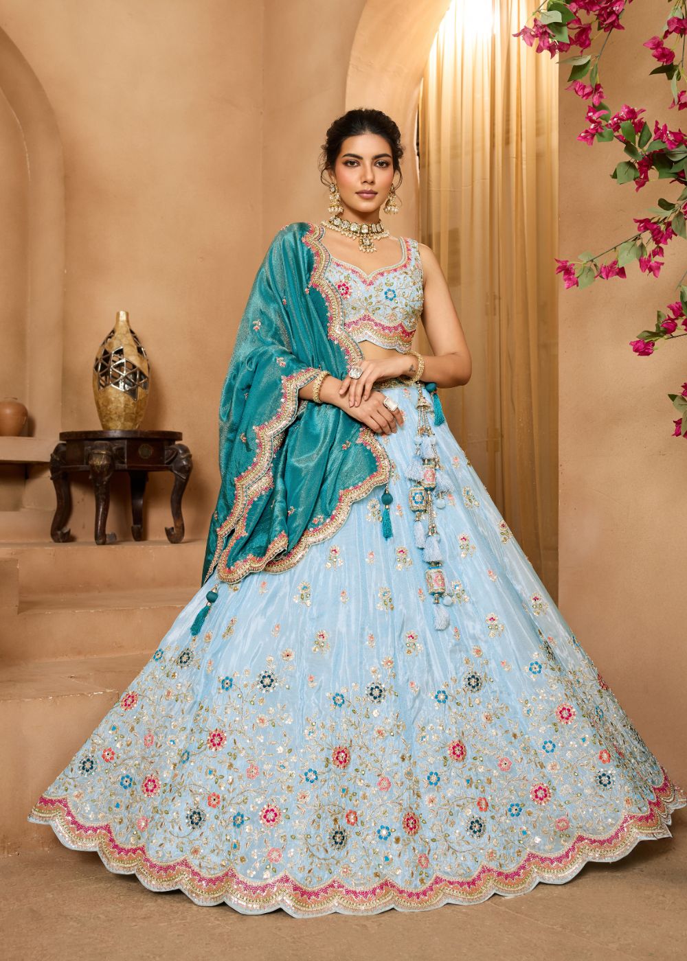 Turquoise Blue Tissue Silk Lehenga Set