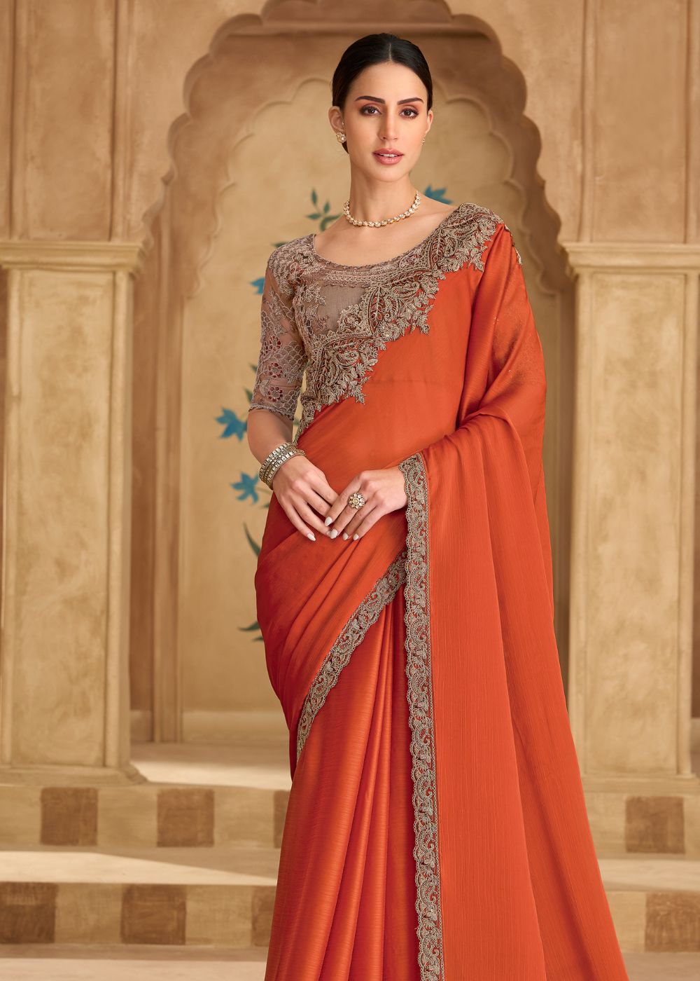 Saffron Satin Chiffon Saree with Banglori Work Blouse