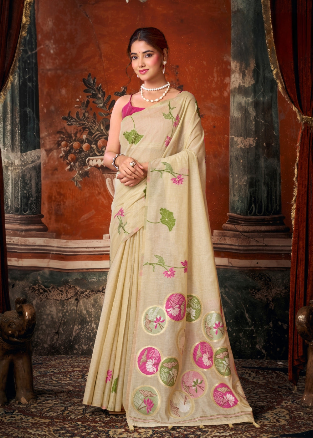 Ivory Bloom Khadi Cotton Saree