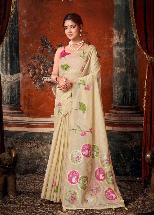 Ivory Bloom Khadi Cotton Saree