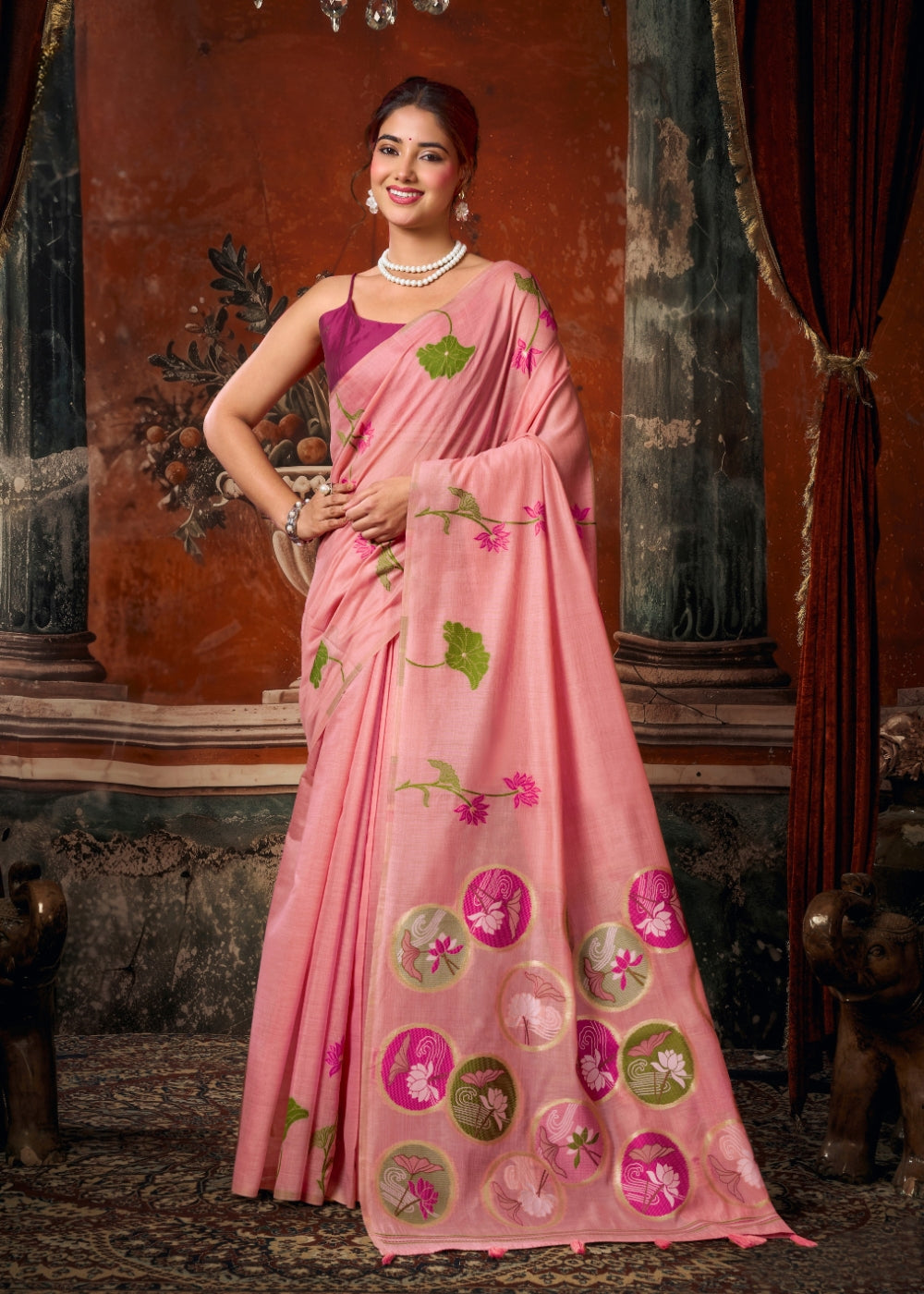 Blush Pink Floral Khadi Cotton Saree