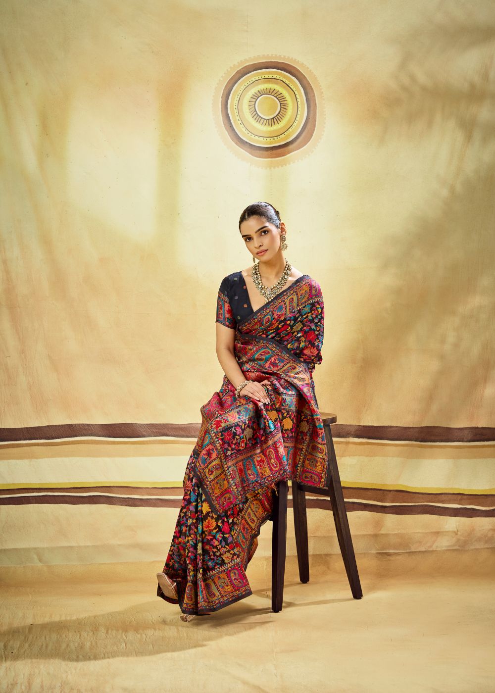 Black Multicolor Pure Kashmiri Modal Cotton Pashmina Weaving Saree