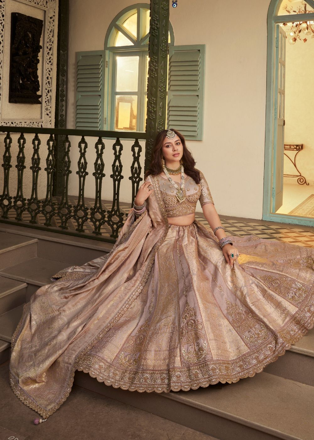 Rose Gold Banarasi Silk Lehenga