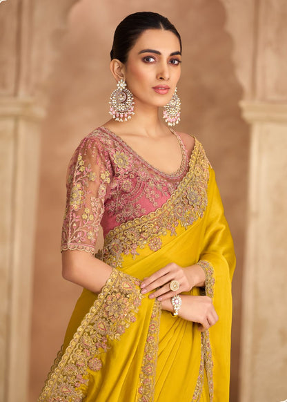 Gold Satin Chiffon Saree with Banglori Work Blouse