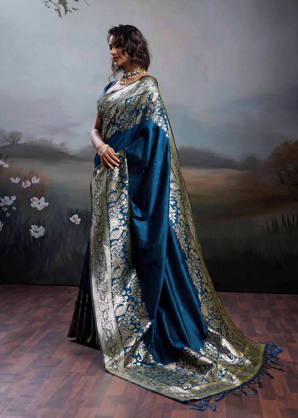 Midnight Blue Heritage Silk Saree