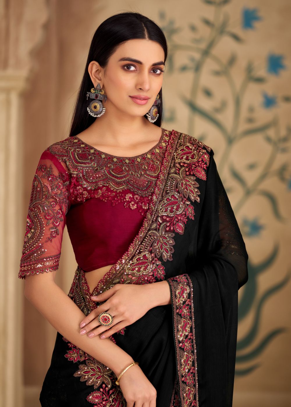 Pure Black Satin Chiffon Saree with Banglori Work Blouse