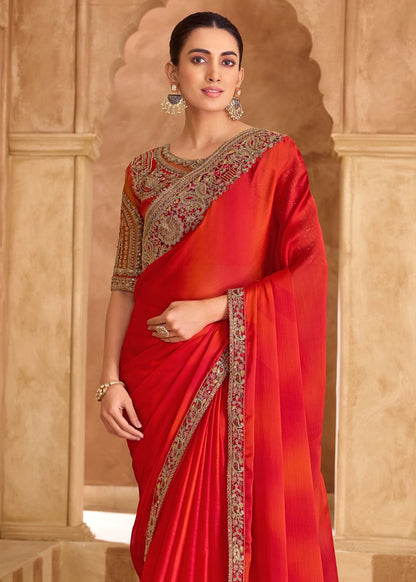 Majestic Shaded Satin Chiffon Saree with Banglori Work Blouse