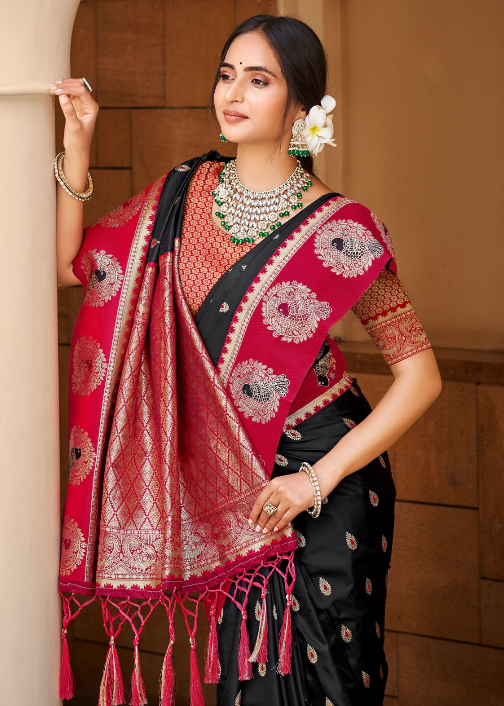 Black & Red Silk Zari Saree