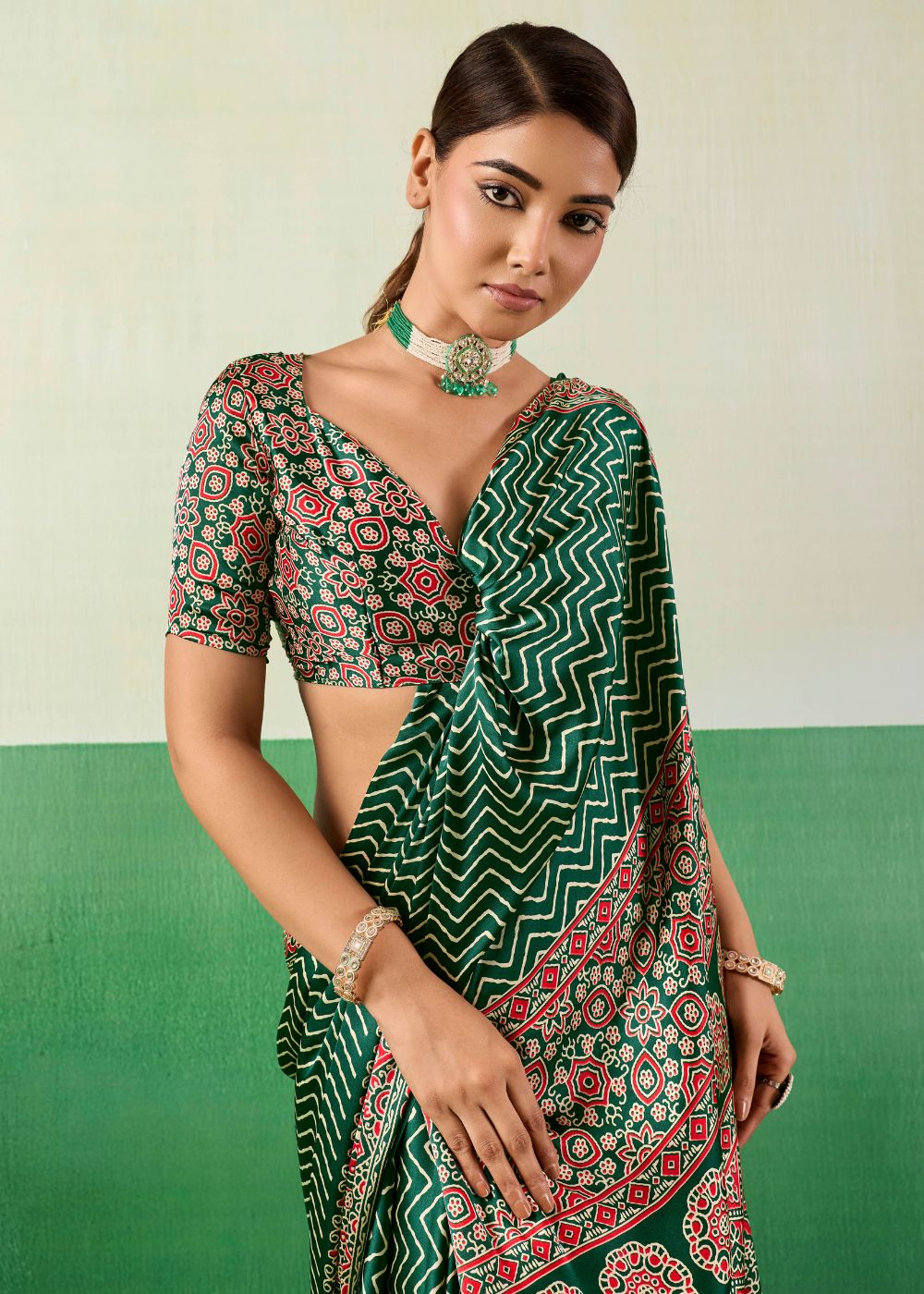 Emerald Ajrakh Satin Saree