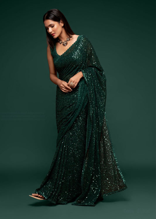 Deep Green Designer Sequin Saree