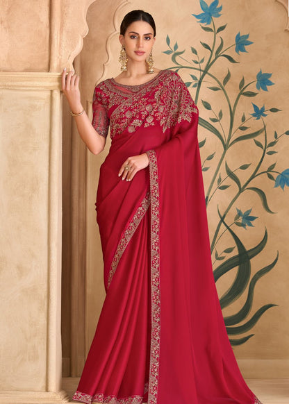 Sparkle Red Georgette Saree with Banglori Work Blouse