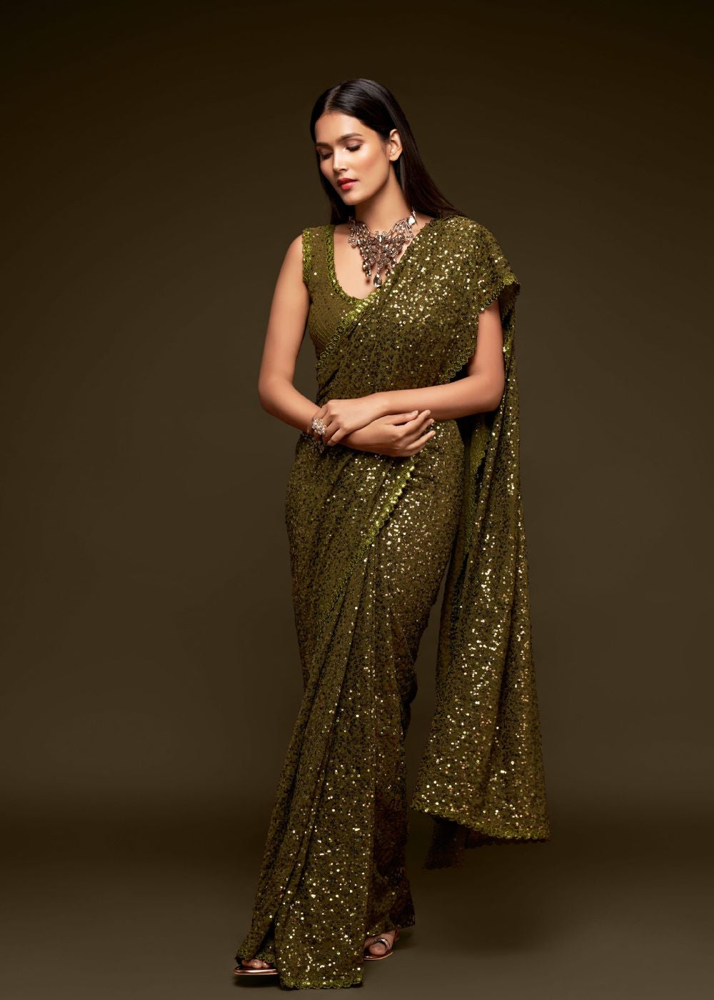 Olive Green Sequin Designer Saree