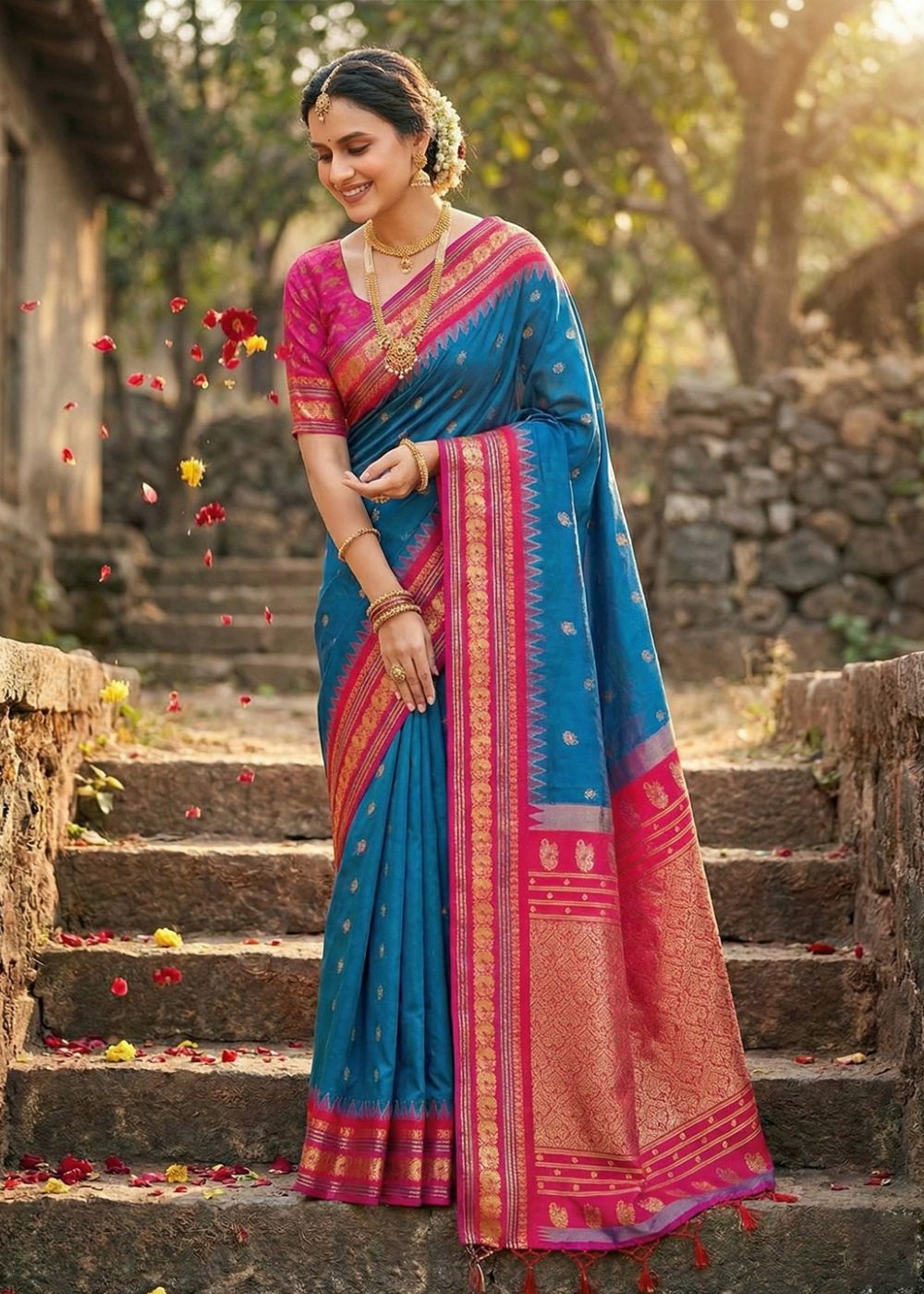 Royal Blue & Pink Kanchivaram Soft Silk Saree