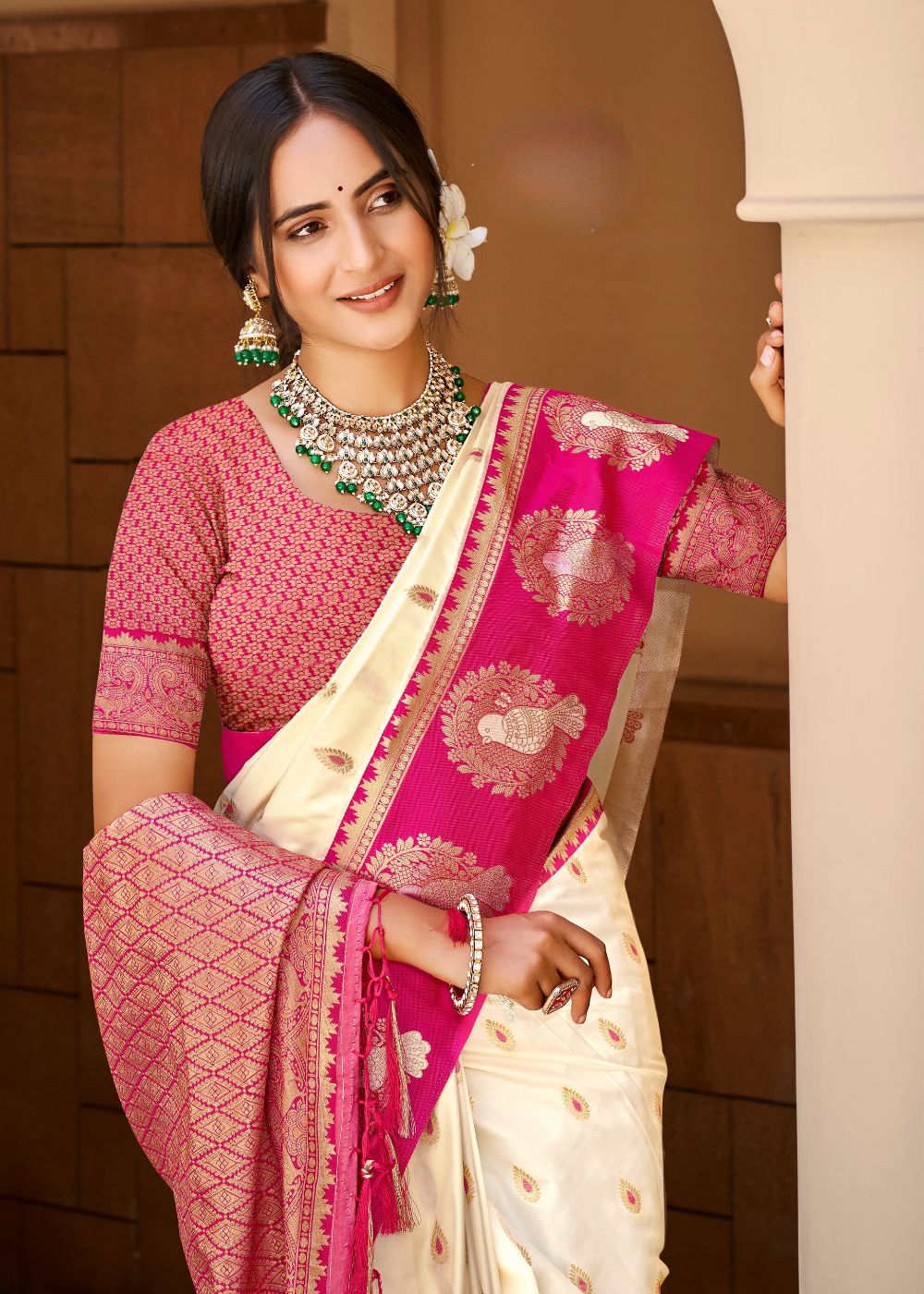 Cream & Pink Silk Zari Saree