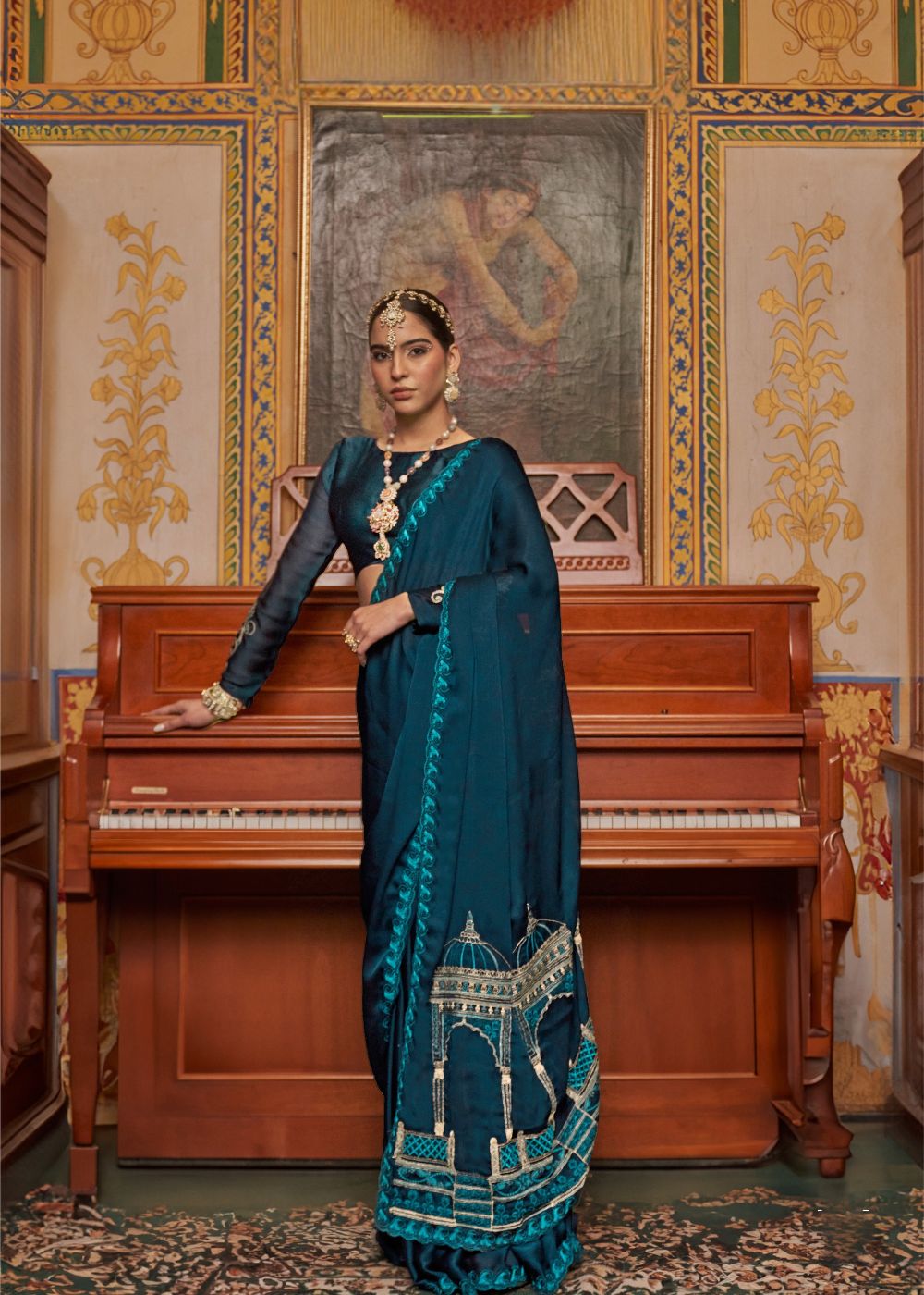 Deep Teal Embroidered Satin Saree